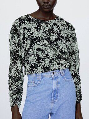ZARA Floral Sheer Ruched Crop Top Puff Sleeve XS